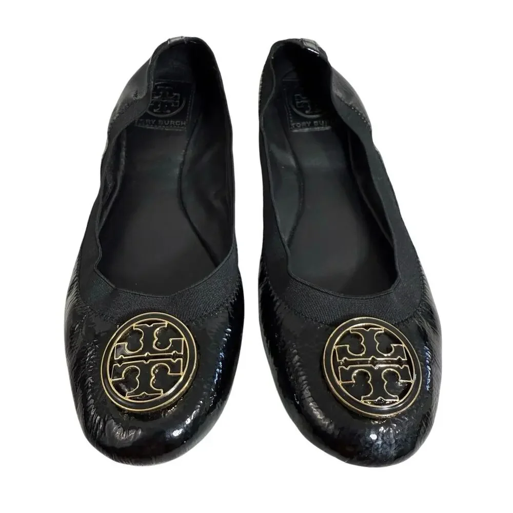Tory Burch Caroline Ballet Flats Women’s 9 Black Patent Leather Logo Shoes